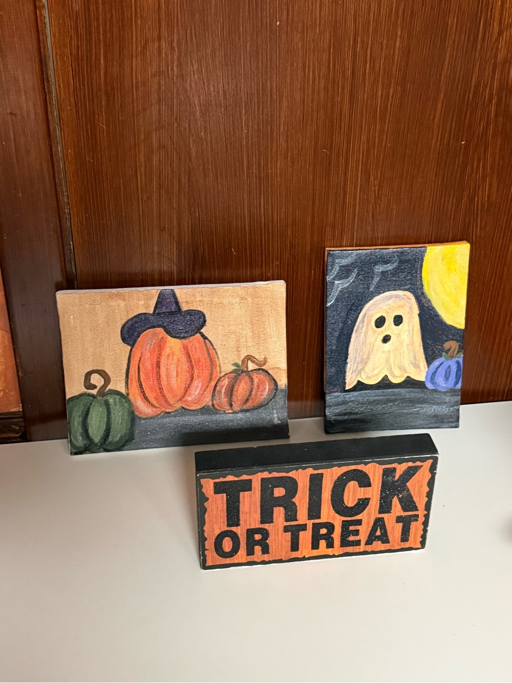 Halloween Pumpkin & Ghost Canvas Trio with 'Trick or Treat' Block